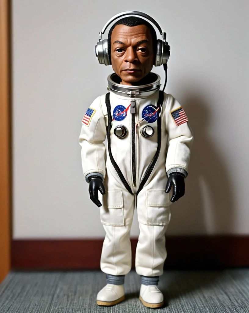 Articulated doll ( dj jeff mills ) detroit techno rosto realistico, 18cm, realisitic, blacksad, astronaut clothes, ( roland tr-909 drum machine ) placed on the floor, complete astronaut outfit, astronaut pants, astronomical shot, roland tr-909 drum machine