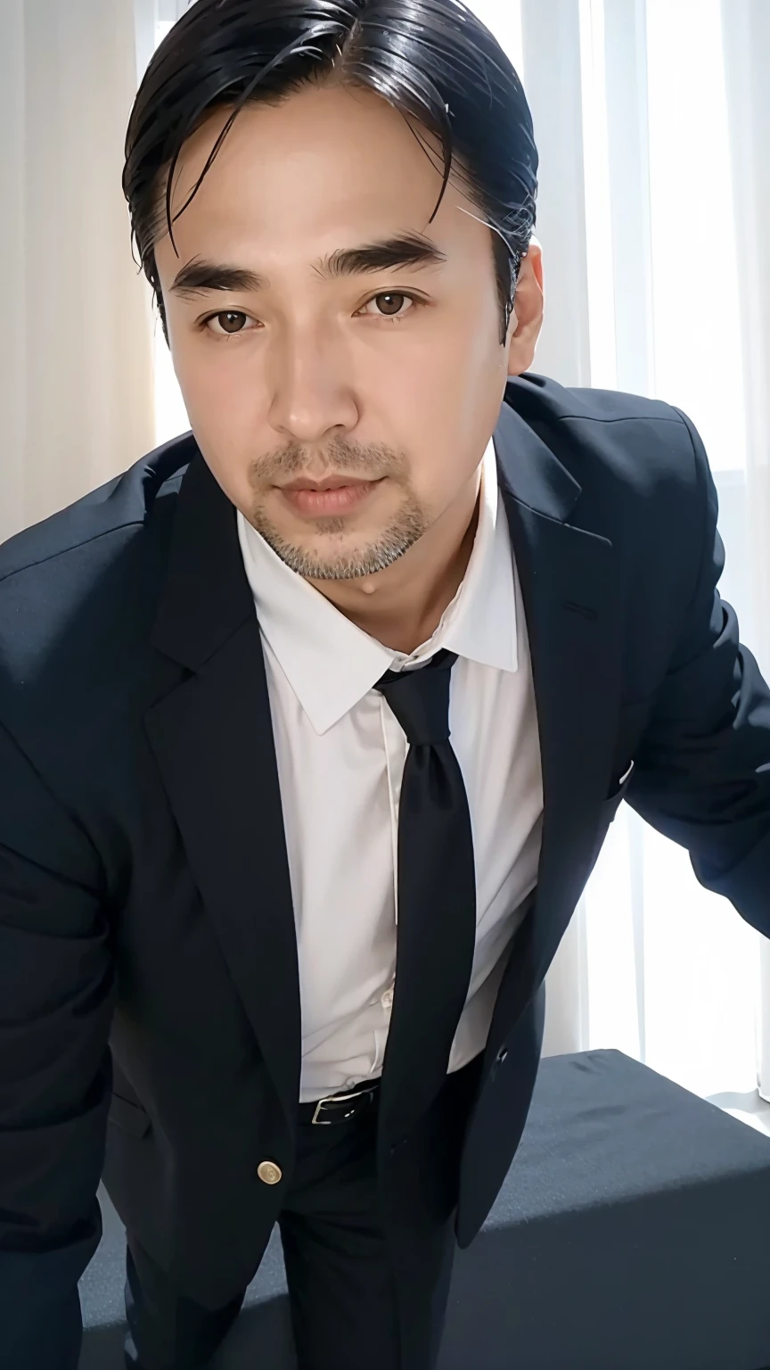 40-year-old male, Soft headlight,High-density imaging,(Clean and delicate face),(Thin face),((Black suit)),((Various dynamic poses)),((White curtains in the background)),best quality,masterpiece,(Soft colors:1.2)