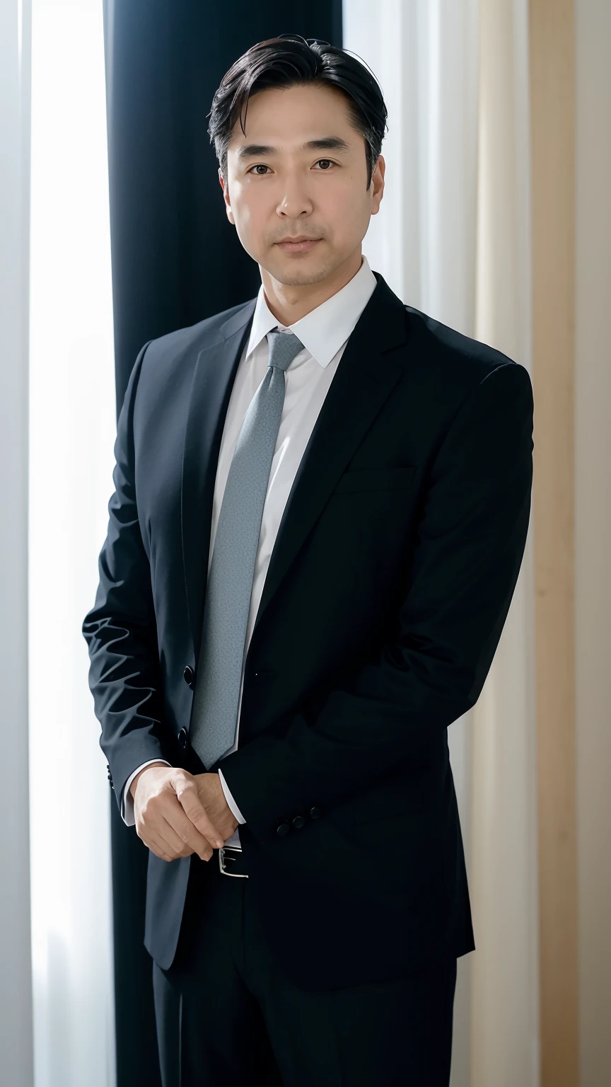 40-year-old male， Soft headlight，High-density imaging，（Clean and delicate face），（Thin face），((Black suit))，((Various dynamic poses))，((White curtains in the background))，best quality，masterpiece，（Soft colors：1.2）