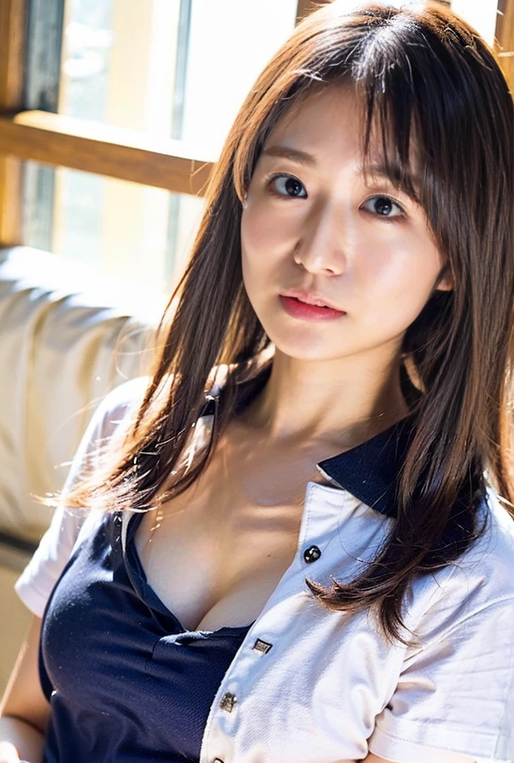 ((A photo of her panties showing through a short polo shirt、Hands roll up shirt、She is wearing a navy polo shirt and luxurious white panties.、:1.4))、Being in the living room、Length cream hair color、Her huge breasts are obvious even through her clothes..、Small earrings、Light brown hair color、:1.4））、Shiny Hair、Light beige hair color、Background Blur、Light brown hair、｛｛Cowgirl Shot｝｝、（（Close-up shot from the waist up、Big Breasts:1.4））、Big Breasts、にっこりsmile、服からでも分かるBig Breasts、Cowboy Shot、素敵なsmile、（（Revealing clothing））、Full body photo、ring、Tuck your hair behind one ear、Silver Necklace、smile、Caustics、Highly detailed photos、Big Breasts、Super no makeup、(8K、RAW Photos、Highest quality、masterpiece:1.2)、(Realistic、Realistic)、1 Girl、((Big Breastsショートヘア、Looking into the camera:1.4))、Hair blowing in the wind
