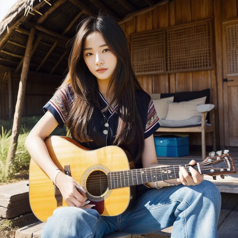 Araffi woman sitting in front of a hut with a guitar, Jae Yeon Nam, Tzuyu from two times, Korean girl, Chinese girl, Jinyoung Shin, Roseanne Park of blackpink, Korean idol, girl playing guitar, gongbi, portrait of female Korean idol, beautiful south korean women, singer-songwriter, Korean artist, Xindong Chen, Wen Feiye