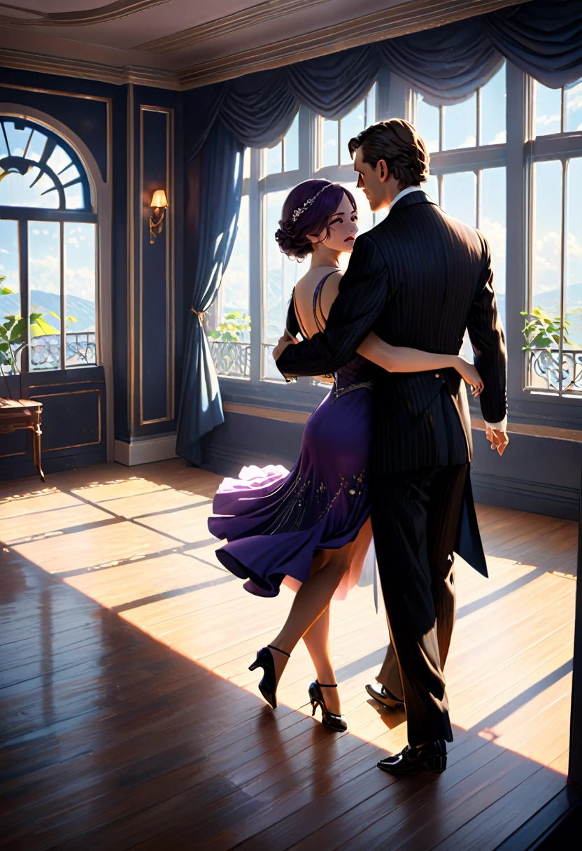 (best quality,8k,masterpiece:1.2),ultra-detailed,(realistic,photorealistic,photo-realistic:1.37),digital art, concept art, natural lighting, a man and woman dancing tango, art deco ballroom, 1920s, Outside the window is a balcony. a narrow french window with an arched top leads out to the balcony.,man facing forward, woman facing away from viewer, dancing the tango, woman is wearing a purple long dress with slit, she has her right leg out to the side, exposing her thigh., Outside is dark, small stars are shining in (the dark blue sky:1.3), (dimly lit room:1.2), and shadows are cast on the eye sockets, making it impossible to read their expressions, detailed facial features, beautiful dress, formal attire, natural lighting, warm color palette, 