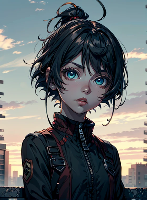 (masterpiece), (best quality), ((ultra detailed beautiful face and eyes)), illustration, cool girl with, short hair, (blue blouson jacket:1.1) and (black tight skirt), fingerless gloves, jewelry accessories, kick, dynamic angle, studio lighting
