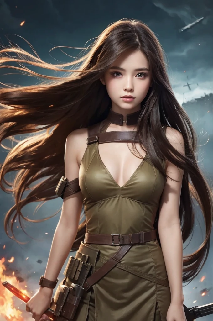 Take to the Battlefield Girl with long hair front thin An illustration Don't show your boobs