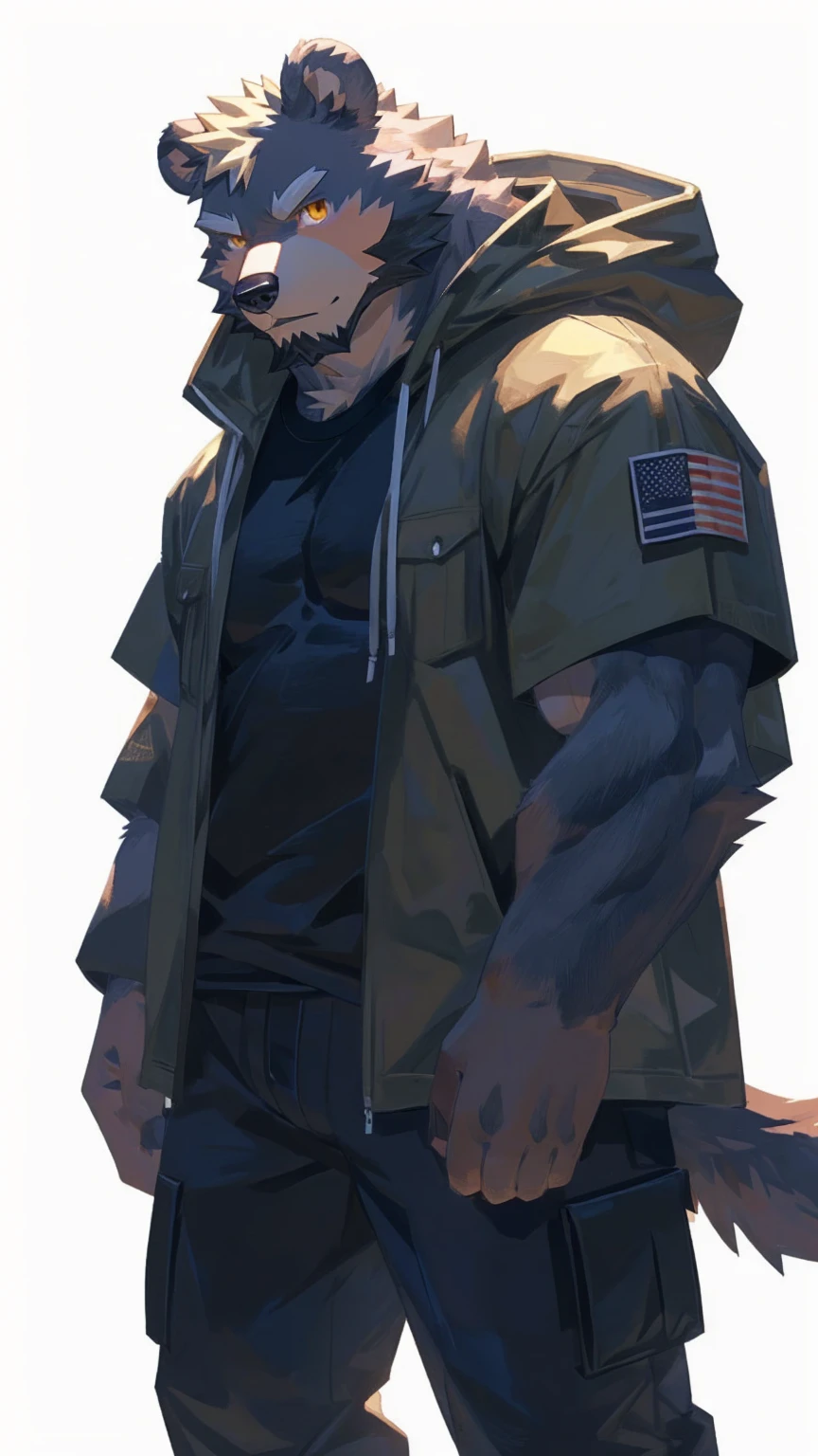 (masterpiece:1.2), best quality,pixiv,official art,perfect anatomy, (Ray tracing, light),solo, (1_male:1.3) , (muscle), (grey fur:1.4), (muscle bear), (beard:1.2), (gleaming golden eyes), bear tail, Thick black eyebrows,(open hooded parka), (t-shirt inside), jeans, (cargo pants:1.2), black shoes, (pure white background: 1.3)