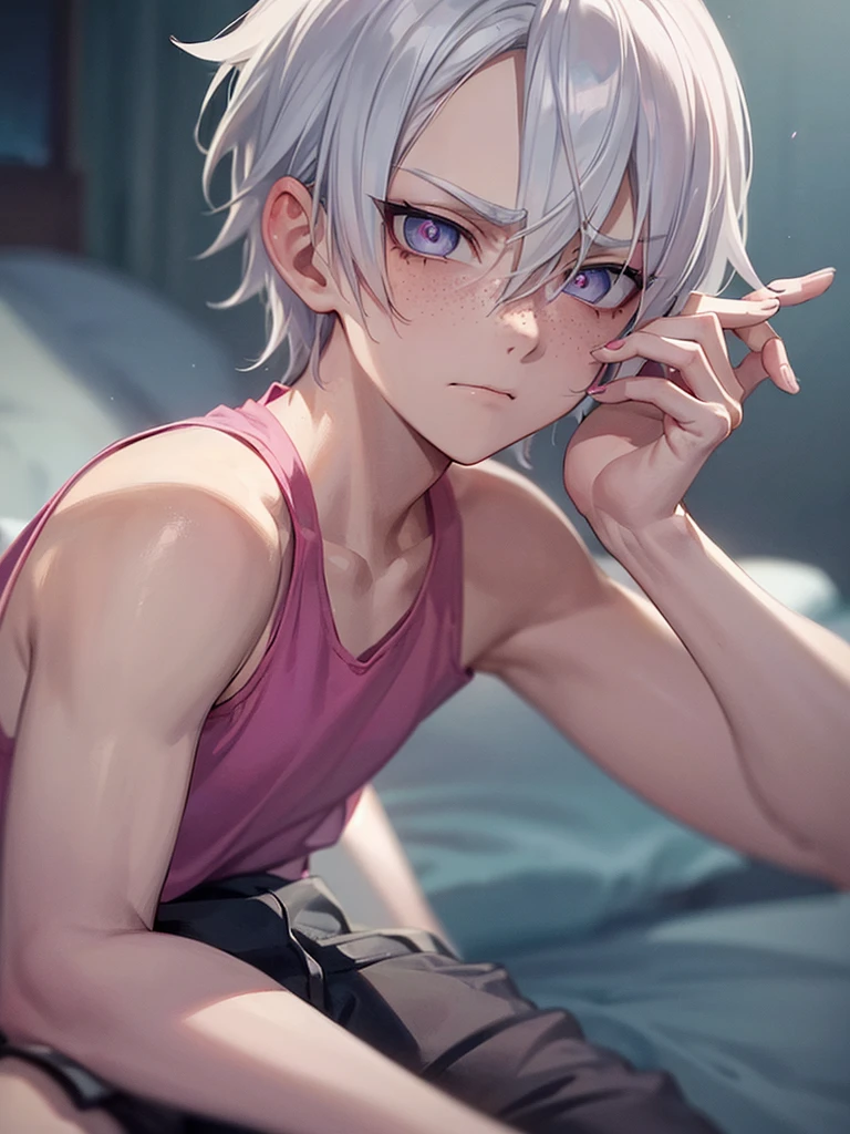 Draco Malfoy, wearing a pink tank top and light blue skinny jeans, freckles, silver eyes, anime style, cartoon, stereotypically gay pose, painted nails, expertly drawn hands, rolling his eyes, unamused stare, judgmental, mean gay, (solo)