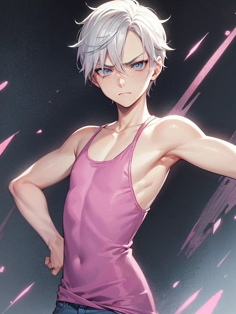 Draco Malfoy, wearing a pink tank top and light blue skinny jeans, freckles, silver eyes, anime style, cartoon, stereotypically gay pose, painted nails, expertly drawn hands, rolling his eyes, unamused stare, judgmental, mean gay, (solo)