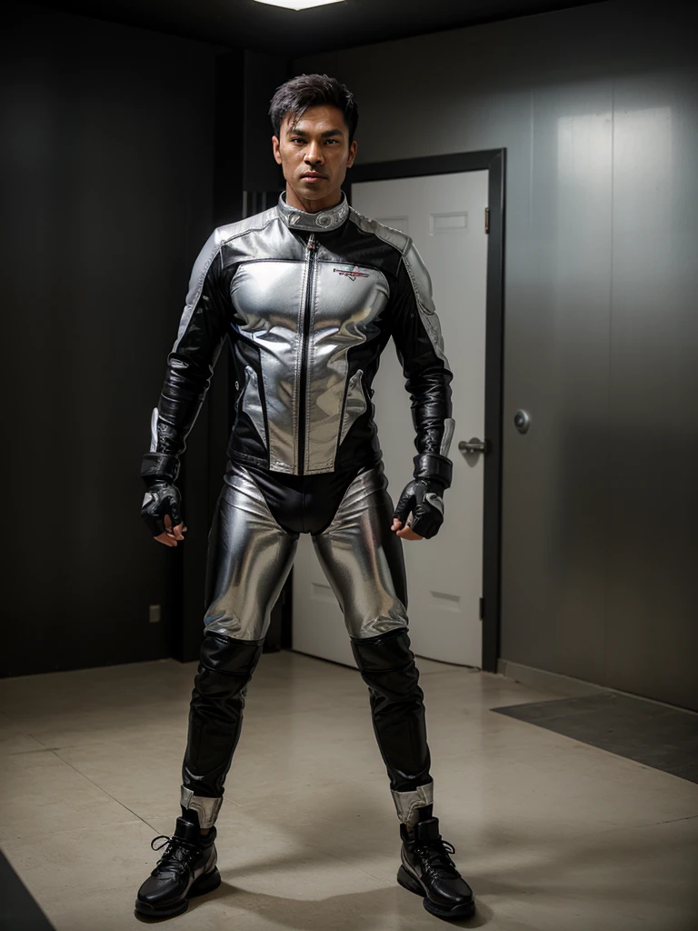 (best teatiled),(Realism),(Ultra Realistic)
A 35 years old handsome,hot,sexy,attractive fighter Burmese man,who has six pack abs and 7 inches erecting biggest long penis,wears silver color motorcycle racing fighter style biker suit,black gloves,black shoes.He is standing at silver dark background,holding biker helmet by his gloved hands at indoor shooting studio.detailed,realistic,best shoot for commercial photos.