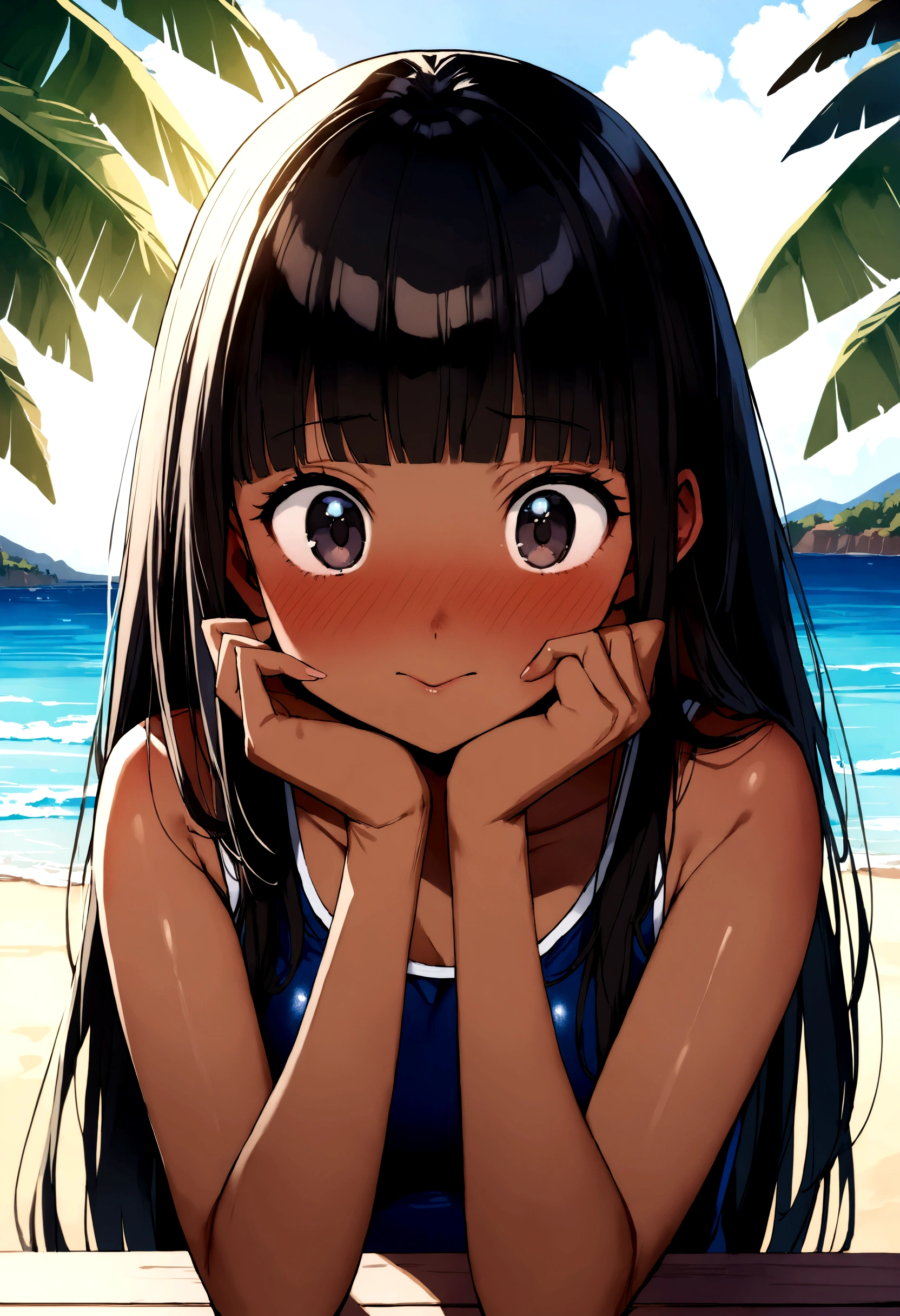 1 person、beach、School swimsuit、Sunburn、Tan Skin、Embarrassed、女の子1 person、Navy blue school swimwear、blunt bangs、Black Hair、super fine illustration,(((beautiful fine hair))),(((beautiful fine face))),(((beautiful fine background))),Midsummer、beachBlack Hair、blunt bangs、Cross-eyed