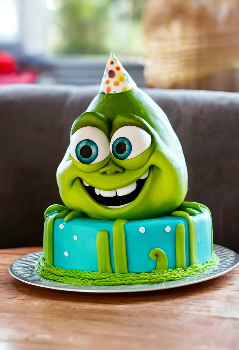 there is a cake with a face on it on a plate, birthday cake, mike wazowski, happy!!!, animal - shaped cake, cake, taken with sony a7r camera, ใใใฎ, taken with sony alpha 9, cute pixar character, happy birthday, captured with sony a3 camera, ๐๐๐โบ๐๐๐