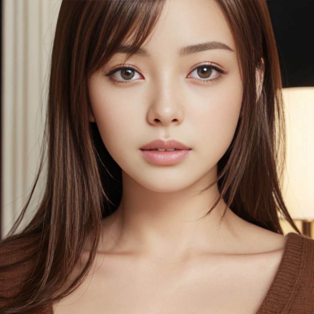 masterpiece、highest quality、High resolution、table top、wallpaper、realistic、bright lighting、professional lighting、face light、smooth lighting、japanese woman、adult、Beautiful woman、action、gravure、sexy、poor、super beautiful、beautiful skin、beautiful and detailed eyes、detailed face、slim、moderately、short hair、brunette colored hair、brown eyes、look at the camera、cleavage、(ecstasy:1.5)、thin sweater、(close up of face:2.0)