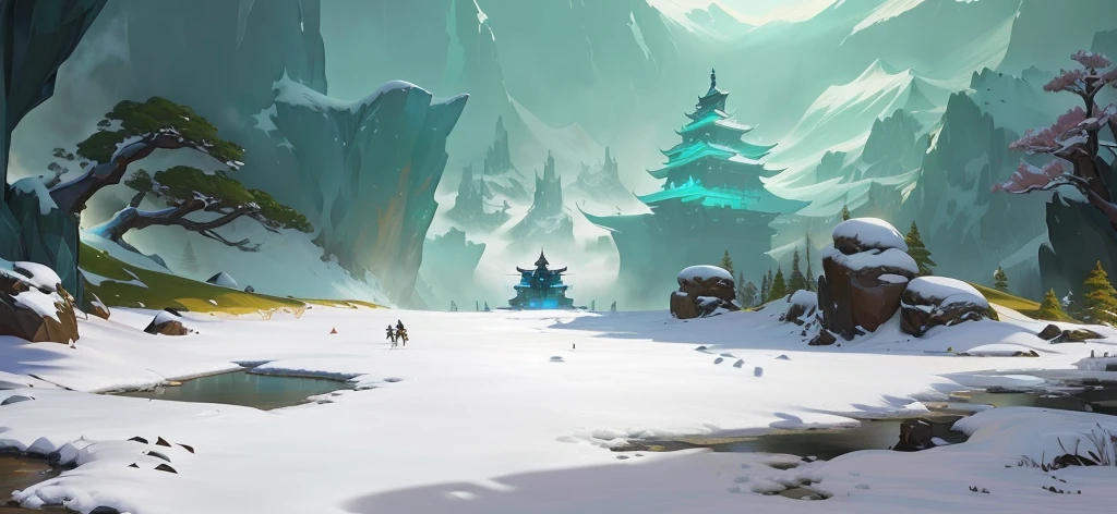 There is a painting，There is a snowy mountain in the painting，Onmyoji detailed art, 以Game concept art形式进行绘制, Game concept art, Winter concept art, Background artwork, Duelist Style, Frozen tundra background, Dota 2 concept art, Onmyoji, stylized concept art, Dota! Concept Art