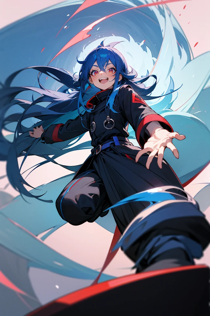 rimuru tempest,masterpiece,Quality k,A cute boy,Long Blue Hair,Red eyes,Blue eyelashes,Black long sleeve shirt,Black trousers,Fleece Collar,Blue Boots,Stand upright.,,Grin,Mouth open,Teeth are visible,real,