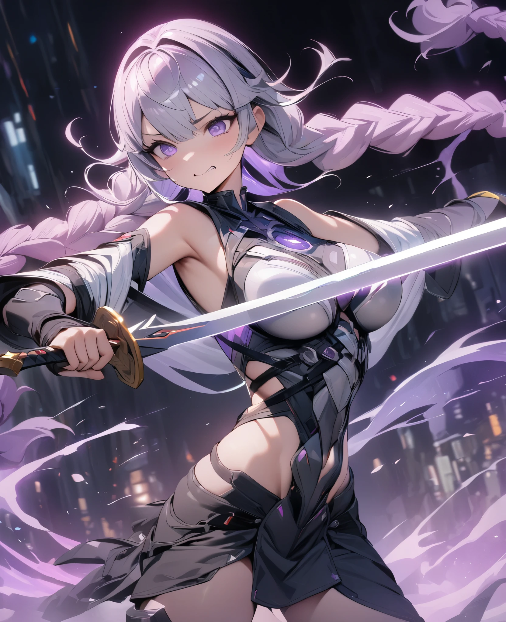 (best quality,4k,8K,High resolution,masterpiece:1.2),Extremely detailed,(Practical),light, Bokeh,Purple double twist braid ,Holding a sword, energetic, Expressive