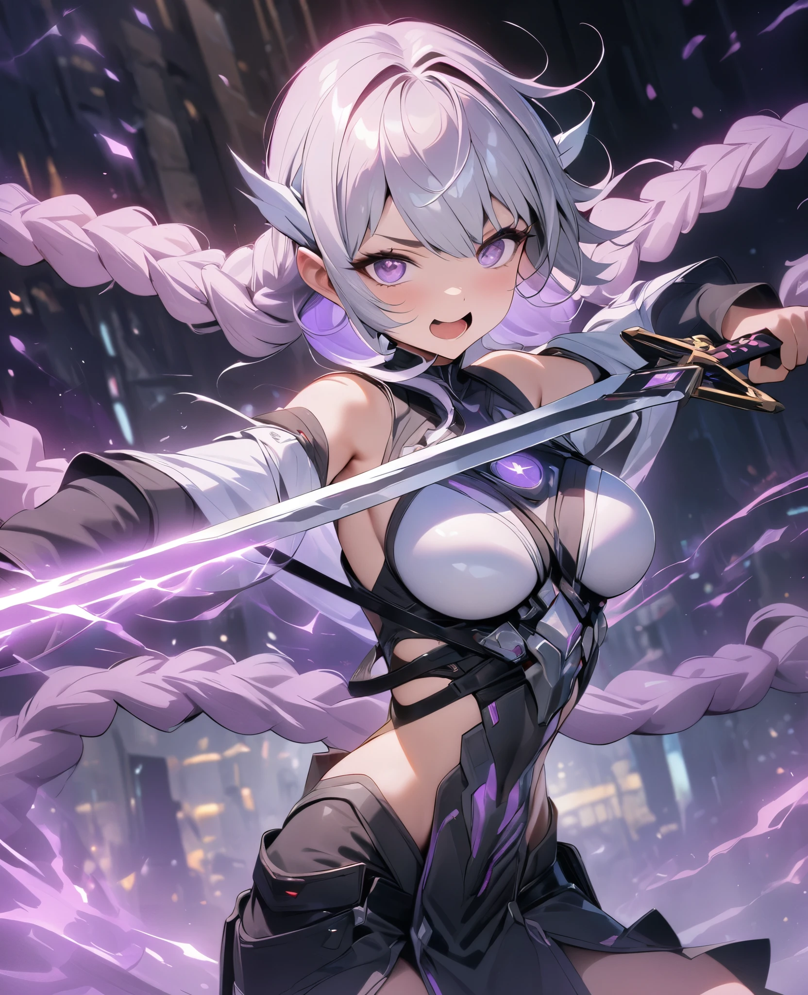 (best quality,4k,8K,High resolution,masterpiece:1.2),Extremely detailed,(Practical),light, Bokeh,Purple double twist braid ,Holding a sword, energetic, Expressive