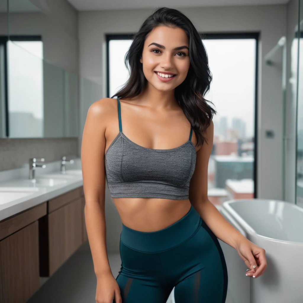 (far shot, full body:1.3) photo of a smiling, (closed mouth:1.5) Bored Slender young 22 year old Albanian woman with Medium Wavy Angled black hair, Grey Large eyes, Round face, Prominent nose, Wide jaw, Wide mouth, Thick brows, Strong chin, (Tiny breasts:1.3), toned ass, (manicured nails:1.1),.
She is wearing a (Orange Sheer crop top and leggings:1.1).
She is posing facing towards camera, in a Bathroom with (electronics:0.5) and (buildings:0.5) in the background. noon, dark.
cinematic lighting, vibrant colors, detailed skin texture, detailed cloth texture, beautiful detailed perfect face, intricate sharp details, ultra high res