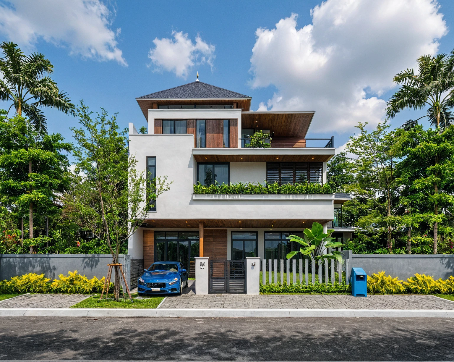 Raw photo, Masterpiece, high quality, best quality, authentic, super detail, outdoors, house style modern on the street , a traditional single-story Thai-style house, large glass window and at the first floor, blue tile roof, white wall, pavement, grass, trees, tropical plants, clear sky, cloud, (nature light), (daylight:1.2)