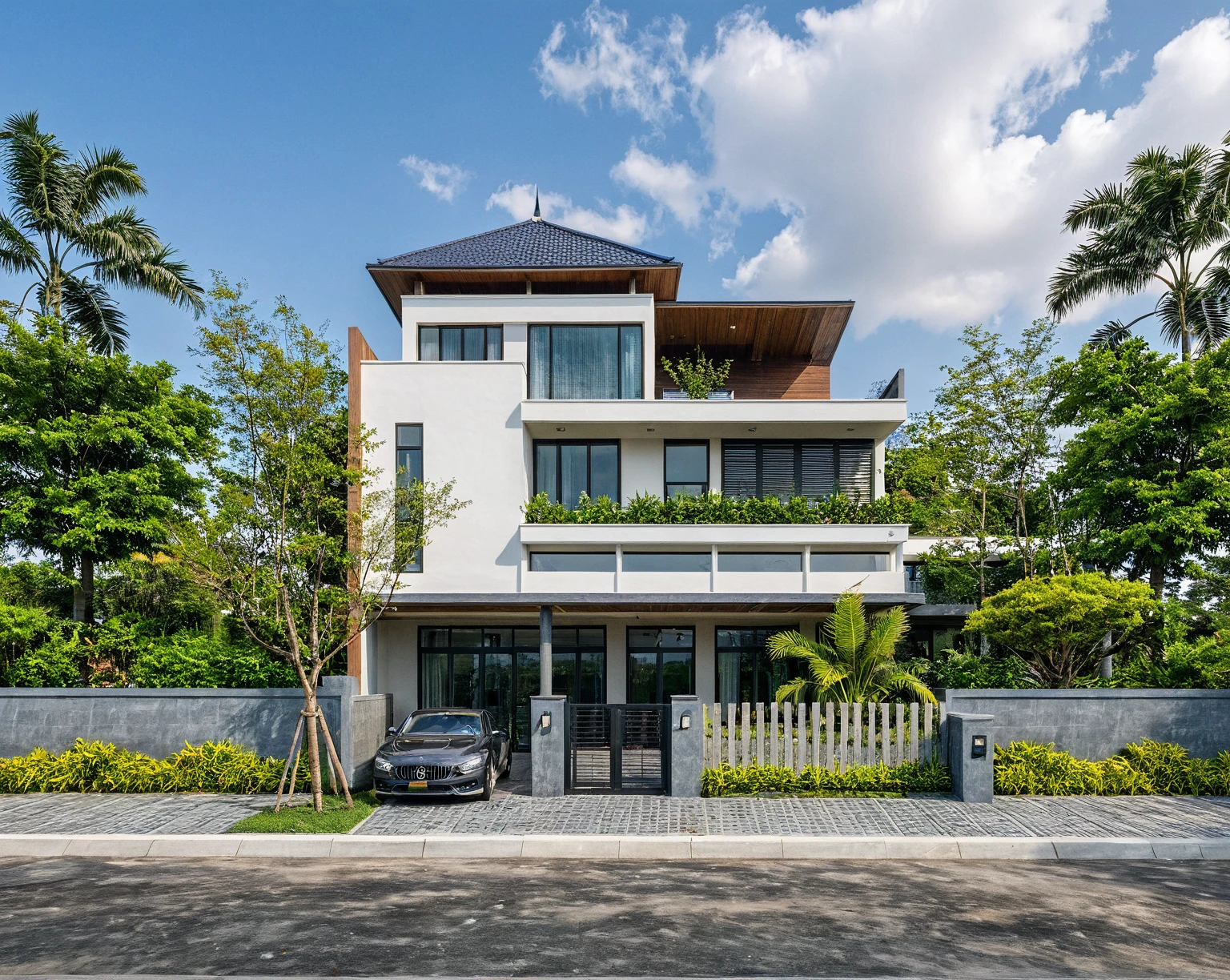 Raw photo, Masterpiece, high quality, best quality, authentic, super detail, outdoors, house style modern on the street , a traditional single-story Thai-style house, large glass window and at the first floor, blue tile roof, white wall, pavement, grass, trees, tropical plants, clear sky, cloud, (nature light), (daylight:1.2)