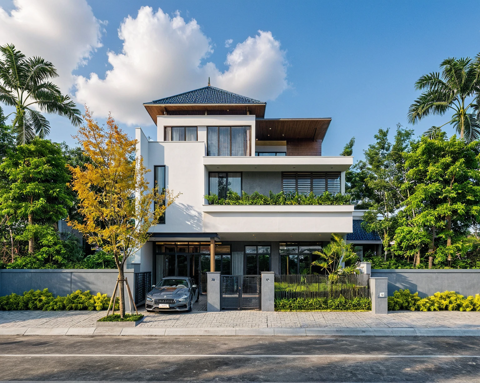 Raw photo, Masterpiece, high quality, best quality, authentic, super detail, outdoors, house style modern on the street , a traditional single-story Thai-style house, large glass window and at the first floor, blue tile roof, white wall, pavement, grass, trees, tropical plants, clear sky, cloud, (nature light), (daylight:1.2)