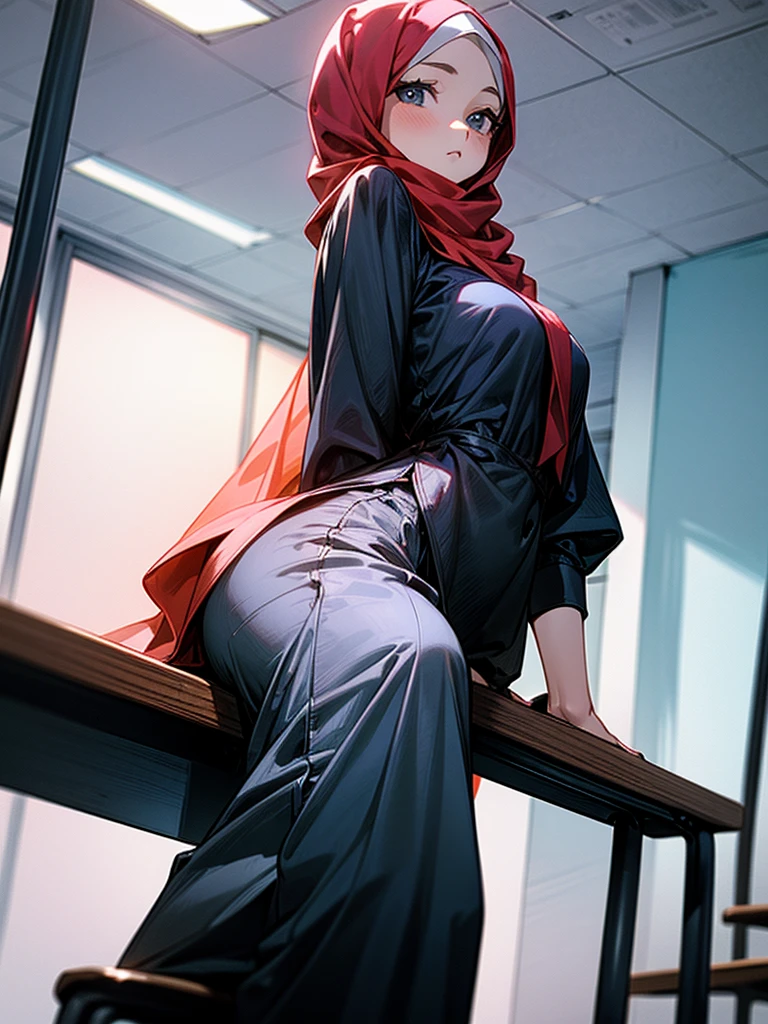 (1 girl), sitting on a chair, office desk, in an office, ((wearing hijab, wearing shirt, wearing long pants)), shot from below