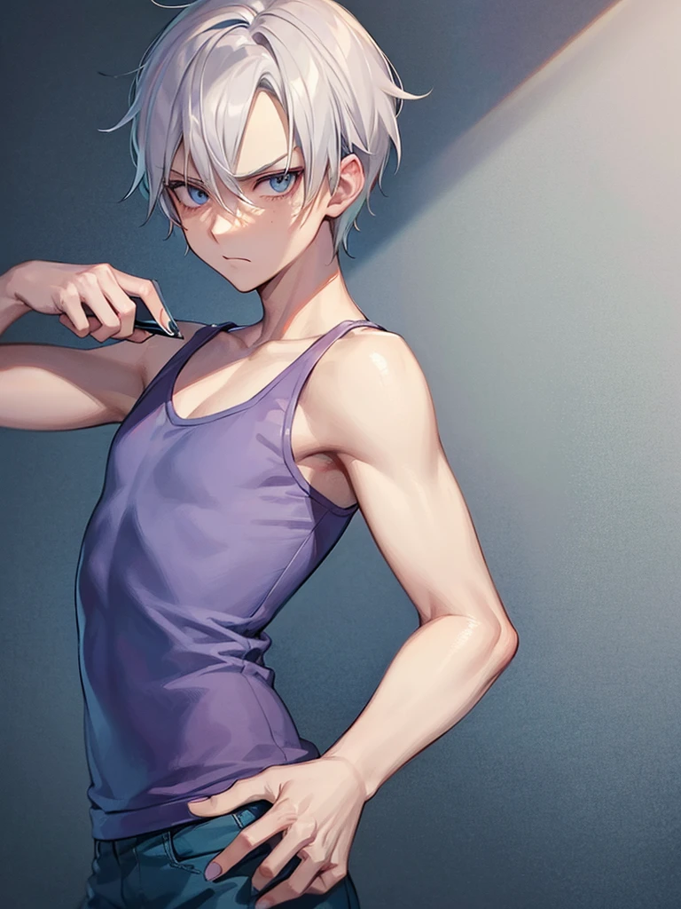 Draco Malfoy, wearing a pink tank top and light blue skinny jeans, freckles, silver eyes, anime style, cartoon, stereotypically gay pose, painted nails, expertly drawn hands, rolling his eyes, unamused stare, judgmental, mean gay, (solo), holding his phone, playing on his phone,