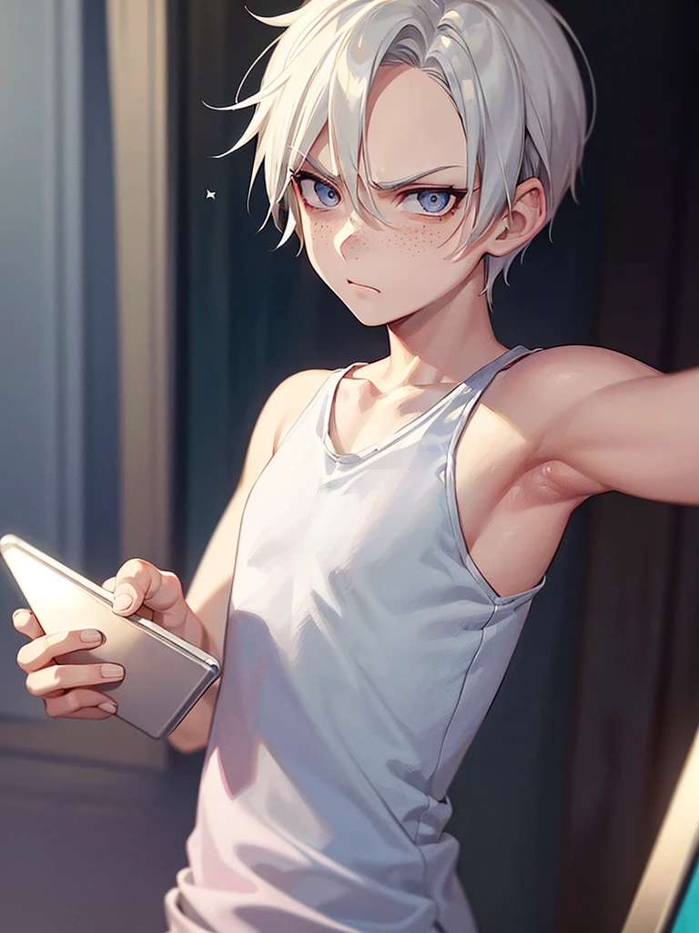 Draco Malfoy, wearing a pink tank top and light blue skinny jeans, freckles, silver eyes, anime style, cartoon, stereotypically gay pose, painted nails, expertly drawn hands, rolling his eyes, unamused stare, judgmental, mean gay, (solo), holding his phone, playing on his phone,