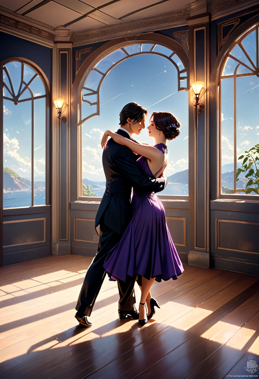 (best quality,8k,masterpiece:1.2),ultra-detailed,(realistic,photorealistic,photo-realistic:1.37),digital art, concept art, natural lighting, a man and woman dancing tango, art deco ballroom, 1920s, Outside the window is a balcony. a narrow french window with an arched top leads out to the balcony.,man facing forward, woman facing away from viewer, dancing the tango, woman is wearing a purple long dress with slit, she has her right leg out to the side, exposing her thigh., Outside is dark, small stars are shining in (the dark blue sky:1.3), (dimly lit room:1.2), and shadows are cast on the eye sockets, making it impossible to read their expressions, detailed facial features, beautiful dress, formal attire, natural lighting, warm color palette, 