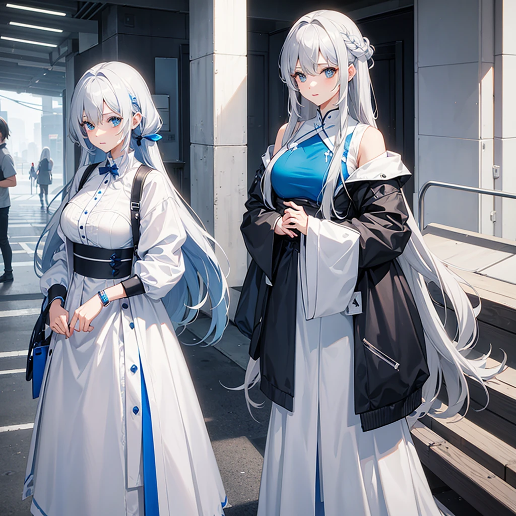 create an adult female character with long blind gray hair dressed in white and blue
