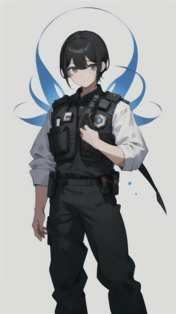 With a stocky physique、Short black hair。He always wears a police uniform。(White background.Full Color.The eyes are clear、Are standing。35 talents
