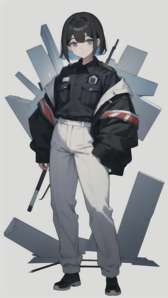 With a stocky physique、Short black hair。He always wears a police uniform。(White background.Full Color.The eyes are clear、Are standing。35 talents