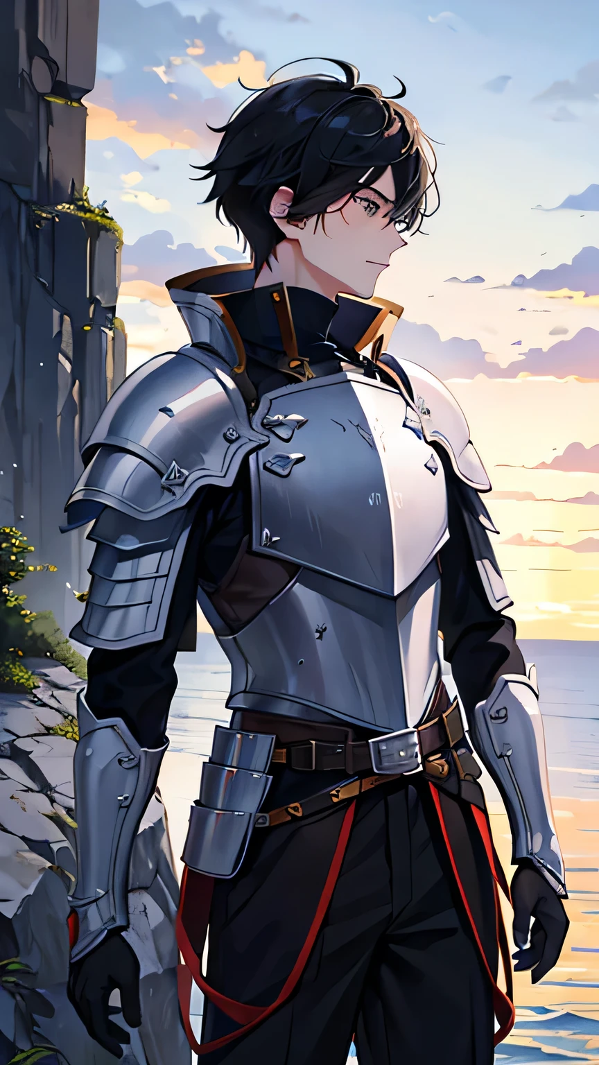 Highest quality、Young man traveling on the cliff、profile、Steep cliffs、Wearing Western knight armor、Black Hair、1 male