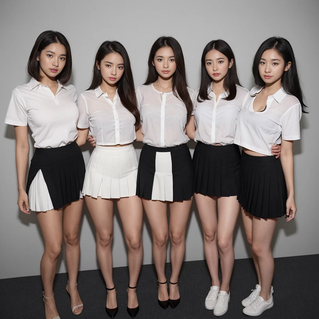 nsfw. photo realistic of 3 beautiful french lined up, beautiful western mixed oriental look, side poses. tiny breast.  college student with girlfriends. bra, bob hair,  standing knee apart. half body view.  multiple girls and friends. nsfw.  cameltoe. camel toe.  sport shoes. mini skirt reveal panties.  indoor club striptease. small breast. see through. transparent (black pleated skirt),((white shirt short sleeve)),((black pencil short skirt)),(black tight skirt), see through. transparent