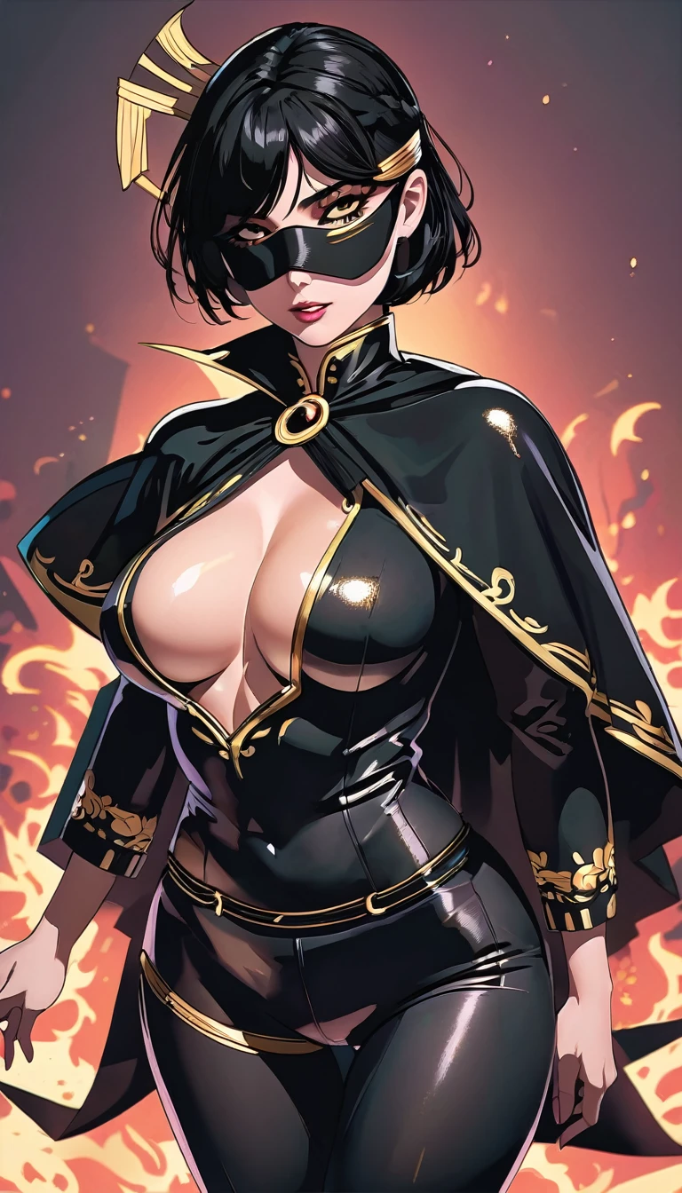(high quality, 8k, 4K, high contrast, artwork:1.2, high quality, best aesthetics), (dynamic angle), ((1 woman)), , sensual, mature body, super detailed, beautiful face detailed, detailed beautiful mouth, perfect breasts, wide thighs, sexy body, black hair, short hair, short straight hair, long hair bangs, black blindfold, blindfolded, black blindfold covering the eyes, black poncho with gold details, black leggings, arrogant and sadistic smile, villain, standing.