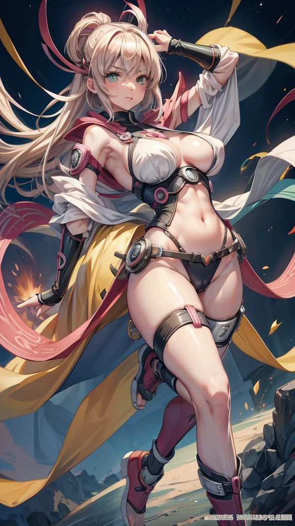 Animation《Naruto》The one in the middle is Haruno Sakura，1 Girl，Solitary,Upper part of the body，Dynamic poses，Perfect  features，Delicate face，Green Eyes，running，fighting，Best quality，masterpiece，8K，Very slim figure:1.3),:1.4 :1.4，full, Firm ，Showing ， protrusion，Belly button full , Large , Slender  legs， Put your hands behind your head((Clear ))、Rocket , (Large ),（because I'Thin）