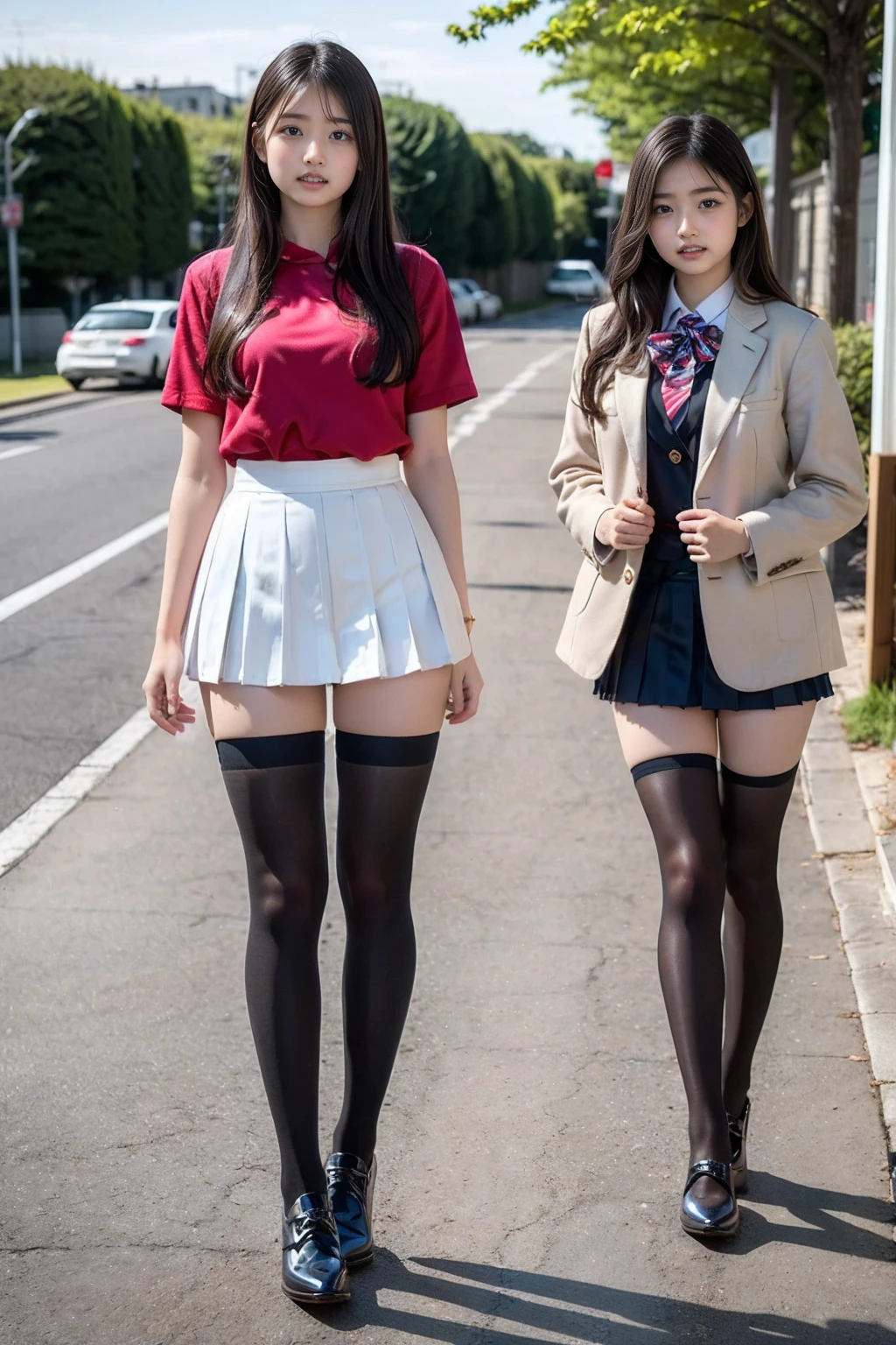 (Realisticな紺色ブレザーの制服を着用しています), ((High school girls always wear black stockings.)), (8K), (Highest quality: 1.2), (Realistic: 1.2), Ultra-high resolution, Very detailed, Golden Ratio, (RAW Photos:1.1), (Two high school girls are standing facing this way.),((Full body portrait)), (Wide thighs),Japanese high school girls, 19 years old, Detailed skin, Enako's face, Super cute face, (F Cup Big:1.3), Cleavage, Put your hands on your hips, (Realisticな紺色ブレザーの制服を着用しています:1.7), (Winter uniforms), (The pleated mini skirt is very short:1.4), (Wide thighsと長い脚:1.3), ((Wide thighs)), ((Shiny black stockings:1.3)), ((High school girls always wear black stockings.)), (Wearing high heel loafers)