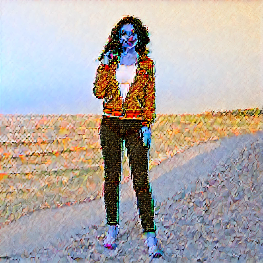 Générer une affiche publicitaire sur le secteur du transport maritime, les couleurs d'affiche publicitaire son vert, in the foreground a woman on a beach dressed in a jacket and feet and pants representing a logistics company, une image réaliste un porte-conteneurs naviguant en mer, sky with dark blue tone