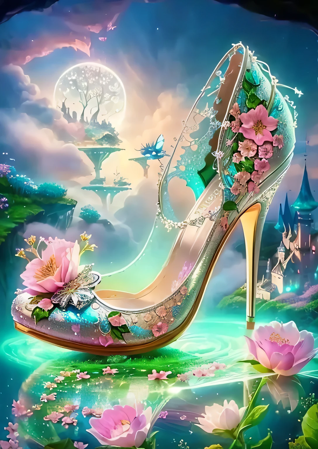 Shoes close-up,Flowers on the surface, Beautiful and detailed fantasy, magic Fantasy Very Detailed, Fantasy Very Detailed, Fantasy fairy tale, Fantasy Beauty, Beautiful fantasy, Extremely detailed fantasies, Very magical and dreamy, Stylish shoe design, fairytale place, Fairy tale style, 3D amazing details, Fairy tale style background, Magical scenery, Magical flowers, magic fairyland