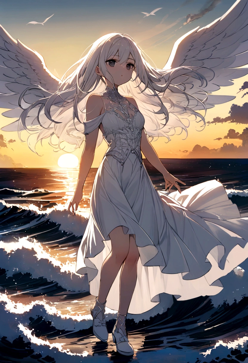 White long hair black eyes pouting mouth wearing white shoulderless white skirt white shoes 4 white sovereign wings flying above sea with waves sun is setting half of sky are turning night