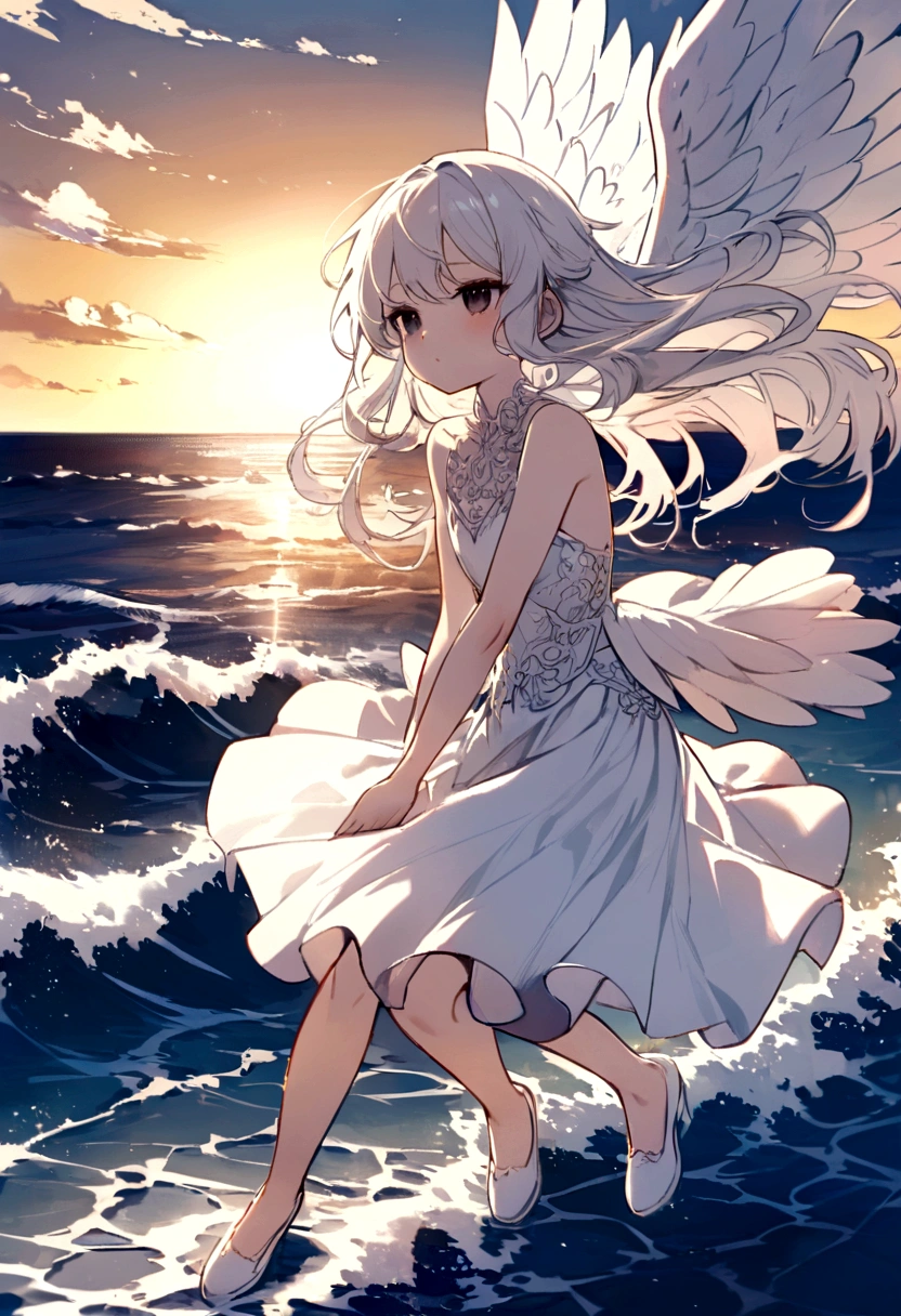 White long hair black eyes pouting mouth wearing white shoulderless white skirt white shoes 4 white sovereign wings flying above sea with waves sun is setting half of sky are turning night