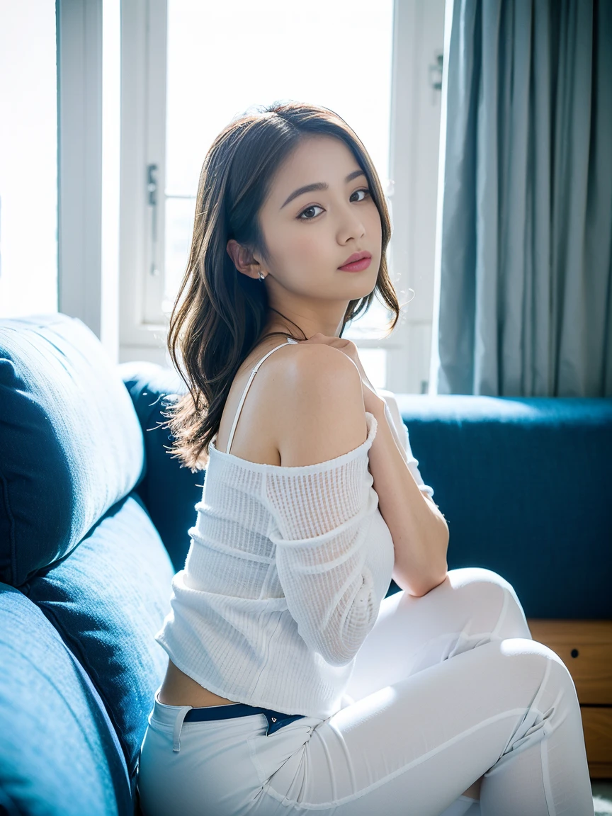 Top quality, 1 beautiful woman,plump,wearing white Asymmetrical top,blue pants, 35mm lens, f/1,feeing good,Sitting with Knees Up on sofa at living, spread legs,(from side:1.3)
