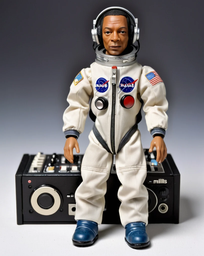 Articulated doll ( dj jeff mills ) detroit techno rosto realistico, 18cm, realisitic, blacksad, astronaut clothes, ( roland tr-909 drum machine ) placed on the floor, complete astronaut outfit, astronaut pants, astronomical shot, box with packaging, ( packaging box written name jeff mills )