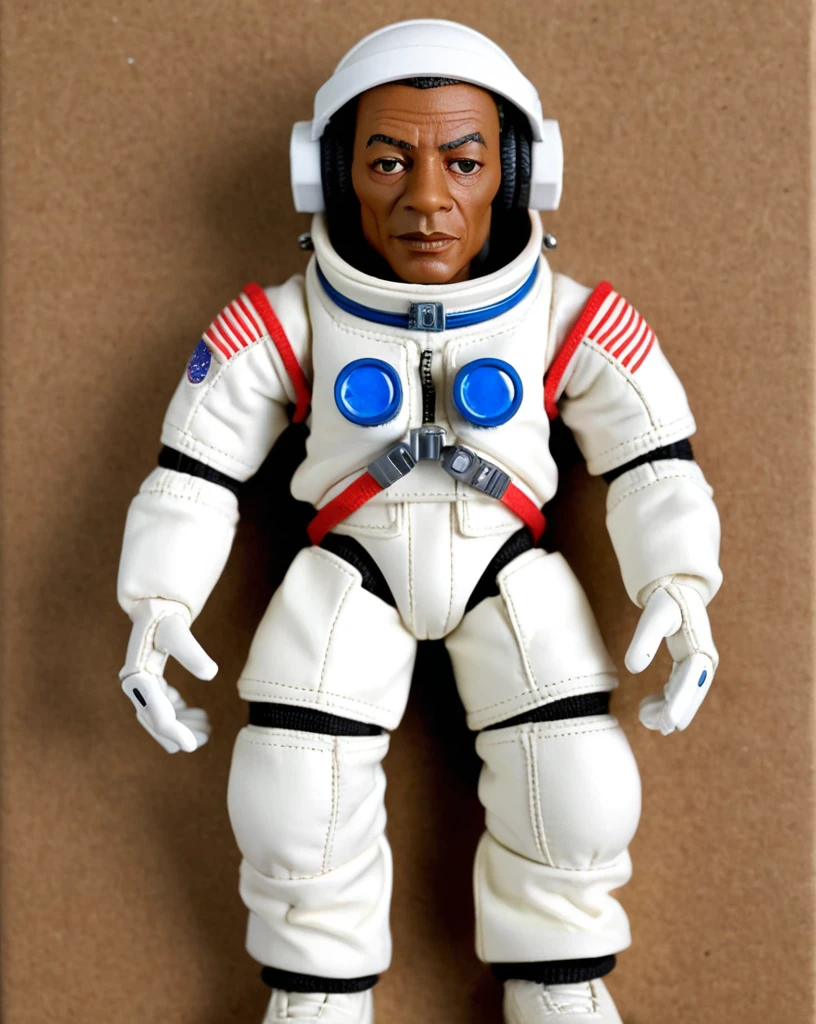 Articulated doll ( dj jeff mills ) detroit techno rosto realistico, 18cm, realisitic, blacksad, astronaut clothes, ( roland tr-909 drum machine ) placed on the floor, complete astronaut outfit, astronaut pants, astronomical shot,   box with packaging, ( packaging box written name jeff mills ) 