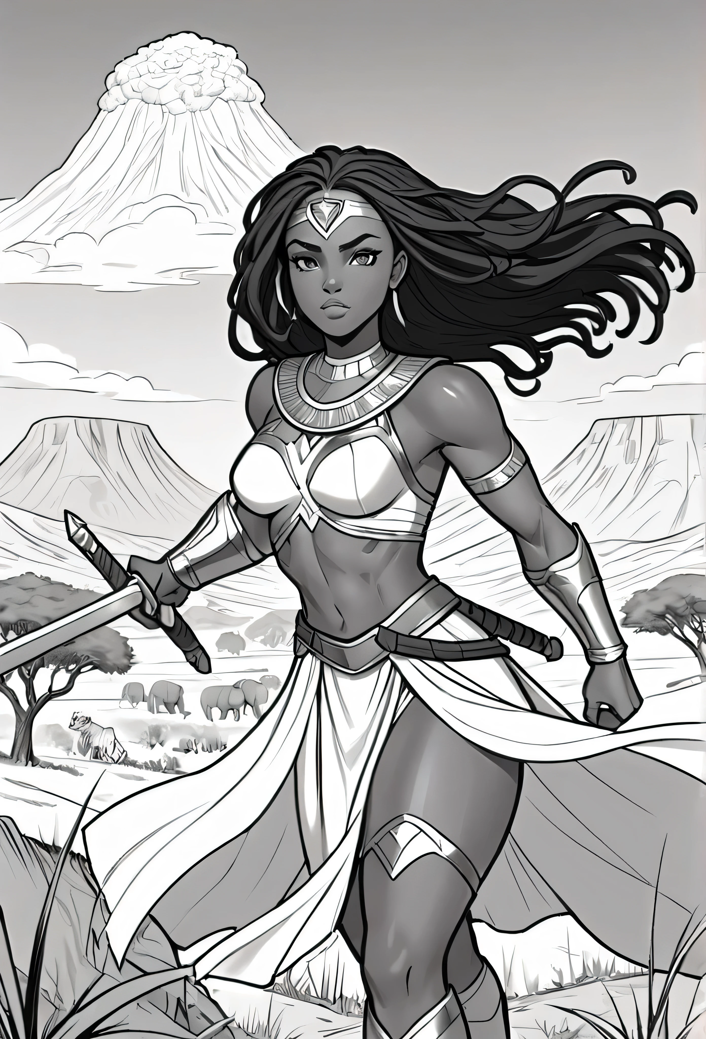 A line art black and white outline of a christian nubian warrior, resembling Wonder Women long flowing hair, different nationalities, easy to color design, up close, combat ready, sword and shield in hand, Background realistic and minimalistic African Serengeti landscape, simple trees and mountains, clear sky with clouds, animals in the Serengeti in the background, for a coloring page, warrior strength and connection to the land with different poses, very realistic, wakanda