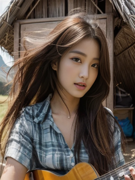 Araffi woman sitting in front of a hut with a guitar, Jae Yeon Nam, Tzuyu from two times, Korean girl, Chinese girl, Jinyoung Shin, Roseanne Park of blackpink, Korean idol, girl playing guitar, gongbi, portrait of female Korean idol, beautiful south korean women, singer-songwriter, Korean artist, Xindong Chen, Wen Feiye