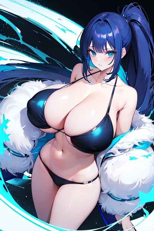 Dark blue hair with white accents,Two-tone hair,Anime girl in black and yellow clothes, More information, ,Sports Bra,bikini, A strong and stylish female magician, The scales that cover her chest, Fluffy breasts,The scales on her chest, Long ponytail,
