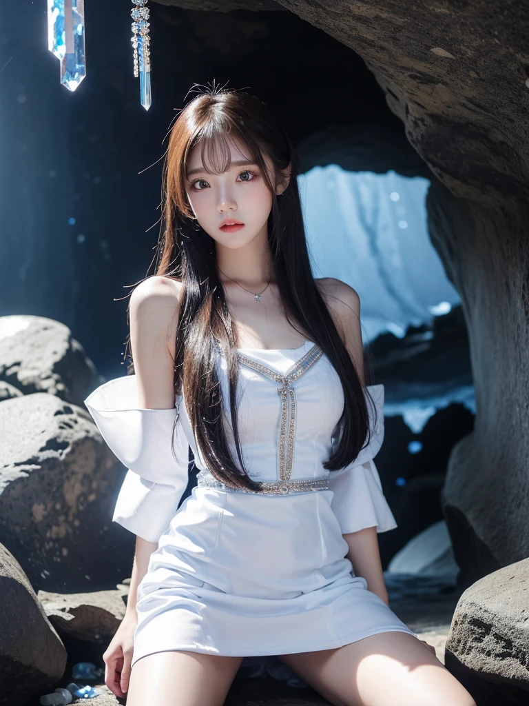 Beautiful woman wearing a white blue Wearing elegan style clothes mini dress with decorations on the shirt and visible shoulders and wearing boots and being photographed with a background And was in a cave filled with shiny and beautiful crystals ,Korean style swag, beautiful face so gorgeous, Beautiful eyes, y2k style, 