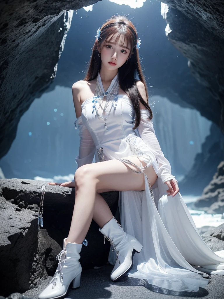 Beautiful woman wearing a white blue Wearing elegan style clothes mini dress with decorations on the shirt and visible shoulders and wearing boots and being photographed with a background And was in a cave filled with shiny and beautiful crystals ,Korean style swag, beautiful face so gorgeous, Beautiful eyes, y2k style, 
