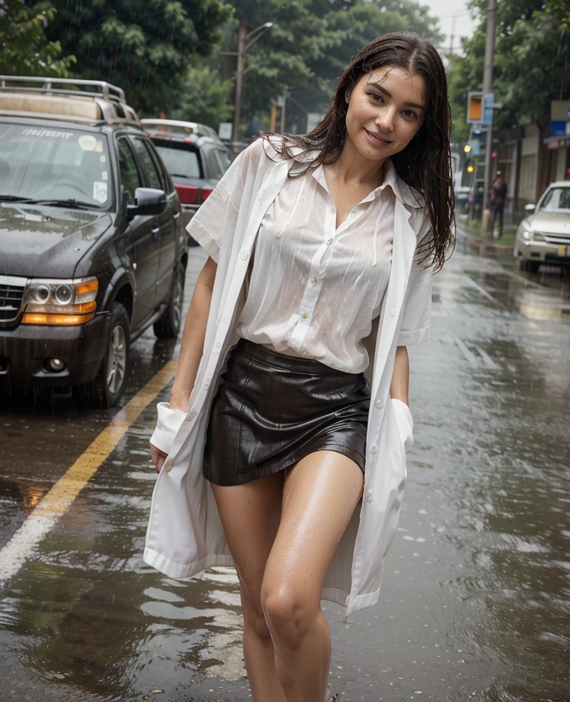 (masterpiece, best quality:1.2), cowboy shot, solo, 1girl, 45 yo businesswoman,in the heavy rain, smile, sexy, looking at viewer, pencil short skirt, pure white blouse, wet clothes, soaked, dripping wet, wet hair, wet skin, translucent, glistening with oil, fully clothed, beautiful face, small pupil, short nose, round eyes, brown and fair skin, walking on the road, cars, people,