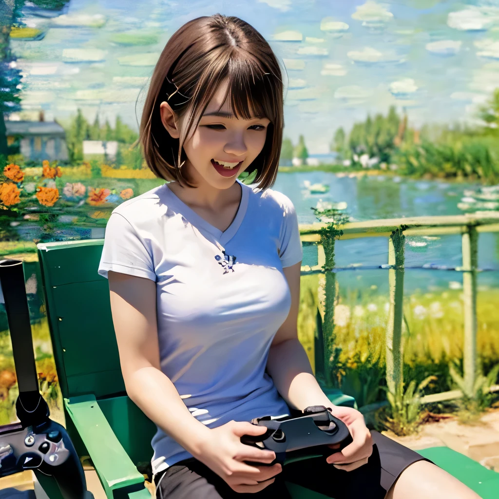 8K, ultra detailed, (realistic:1.2), 1girl, (t-shirts, V-neck),(short pants),(laugh:1.5),(game controller:1.5), (drone), outdoors, (monet:1.4)