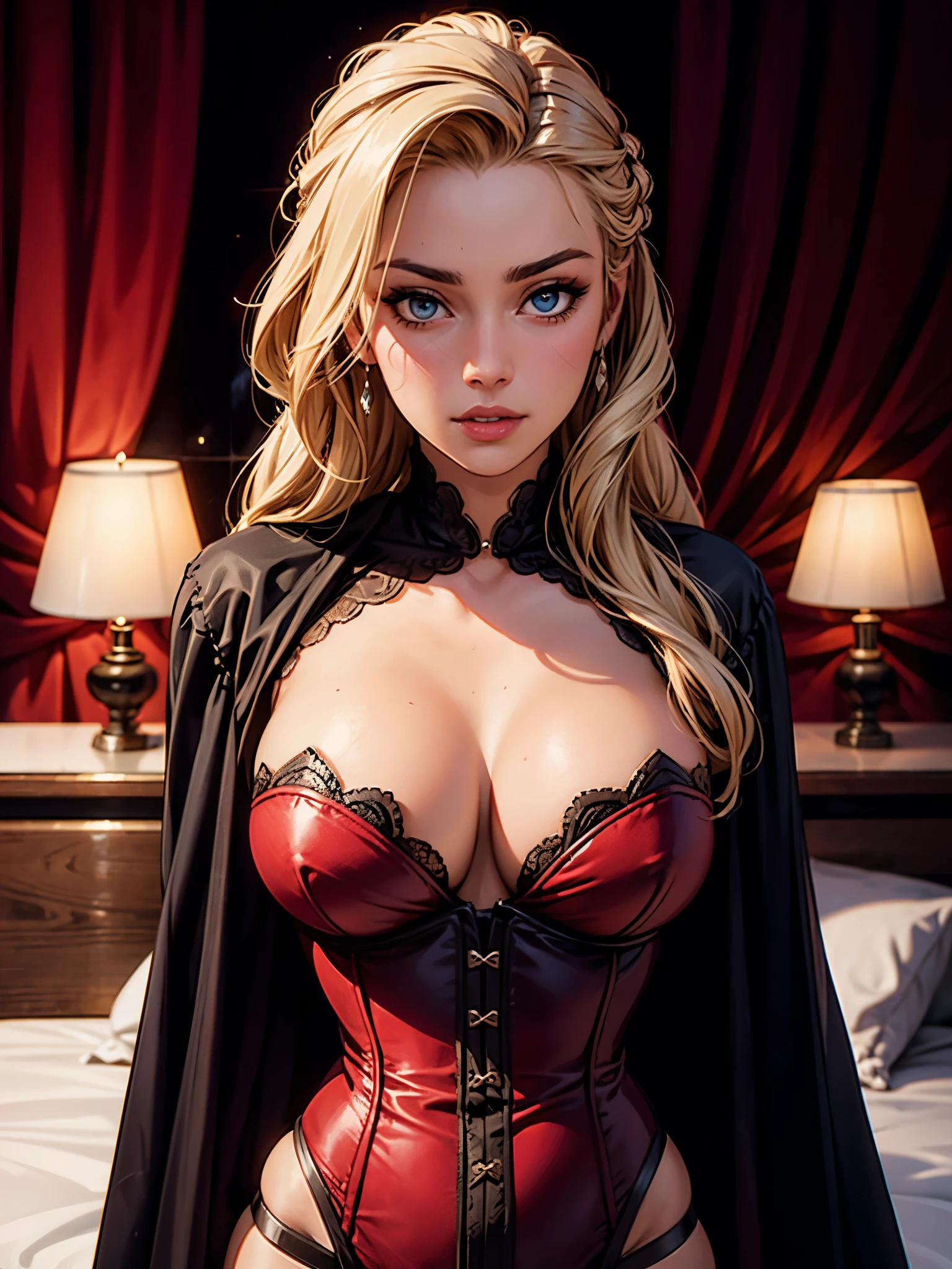 beautiful portrait of stunningly beautiful Margaery Tyrell as a medieval courtesan, corset, low-cut neckline, cleavage, large brests, jewelry, sharp focus on the eyes, fantasy concept art, , sultry look, , inviting expression, detailed medieval bedroom in background,  pose, sultry look, 
